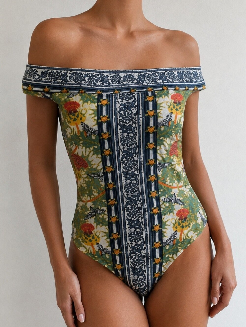 Chelsea & Violet Off-Shoulder Floral One-Piece in Green with Navy Trim